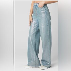Blank NYC Blue Silver Coated High Rise Wide Leg Jeans. Raw Hem. Size 30.